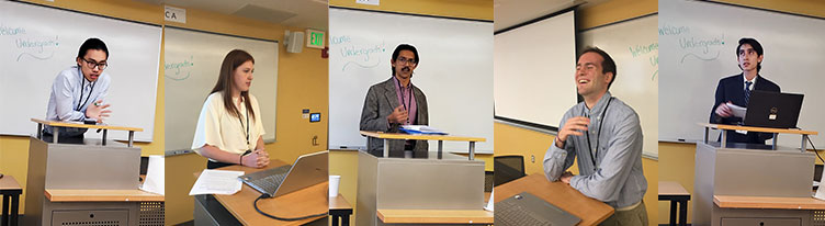 A combined image of multiple shots of student presenters at a conference. 5 individual presenters stand at a podium speaking in front of a whiteboard.
